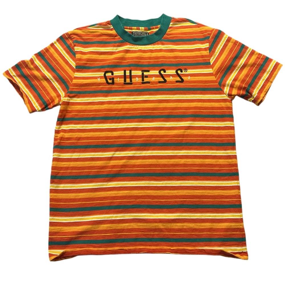 GUESS X J BALVIN men's vintage style striped guess tee, medium.